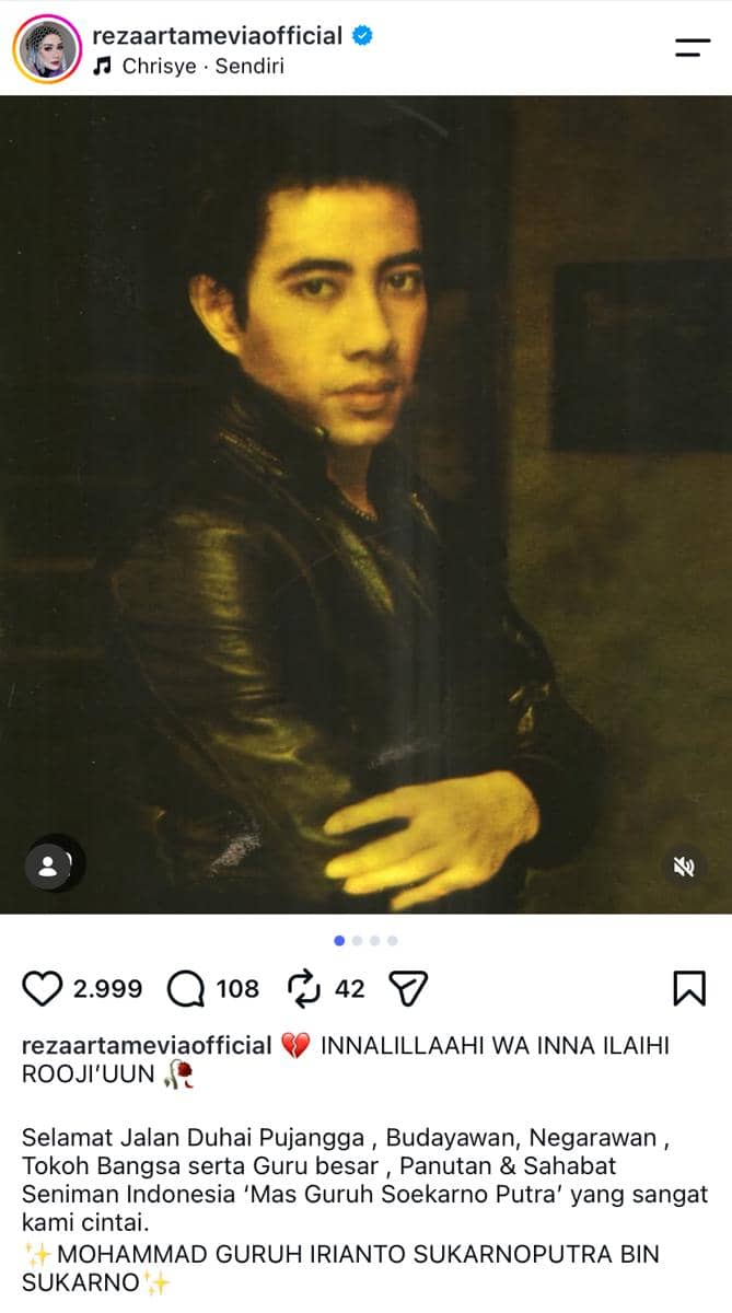 Unggahan Instagram Reza Artamevia berisi ucapan belasungkawa atas meninggalnya Guruh Soekarnoputra.