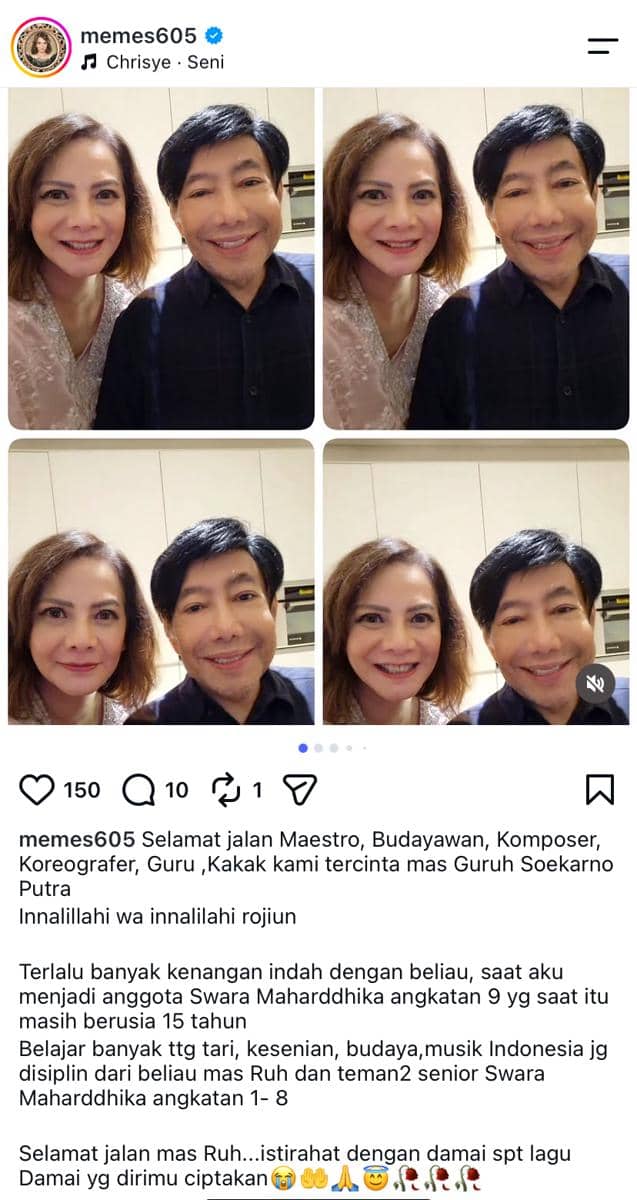Unggahan pesan belasungkawa dari artis atas meninggalnya Guruh Soekarnoputra di akun Instagram memes605.