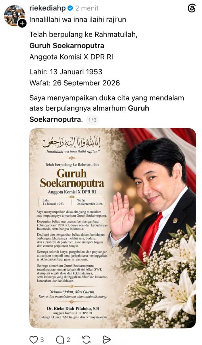 Unggahan Threads dari Rieke Diah Pitaloka berisi ucapan belasungkawa atas meninggalnya Guruh Soekarnoputra.