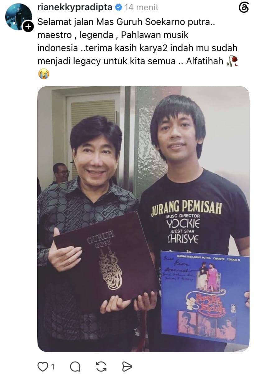 Unggahan artis di platform Threads menyampaikan pesan belasungkawa atas meninggalnya Guruh Soekarnoputra.