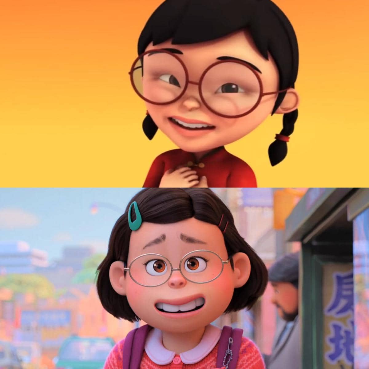 Mei Mei di Upin & Upin dan Mei di Turning Red kompak memakai kacamata
