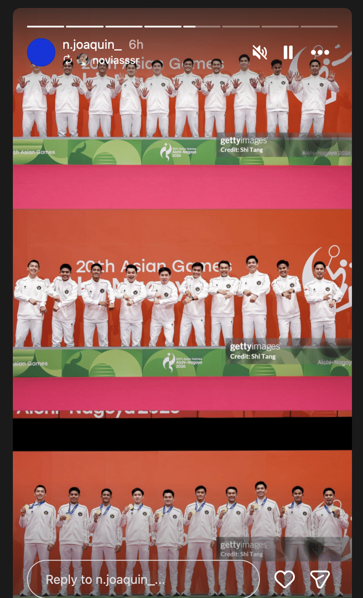 Unggahan Nikolaus Joaquin usai tim beregu putra Indonesia sukses membawa pulang medali emas dari Asian Games 2026 Aichi-Nagoya (Instagram.co