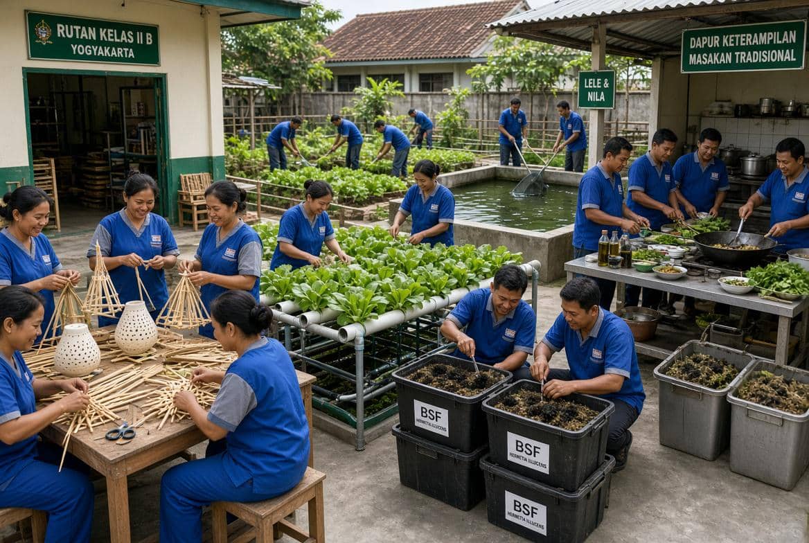 Ilustrasi berbagai program pembinaan, meliputi kerajinan sumpit, hidroponik, maggot, pertanian, perikanan, dan memasak.