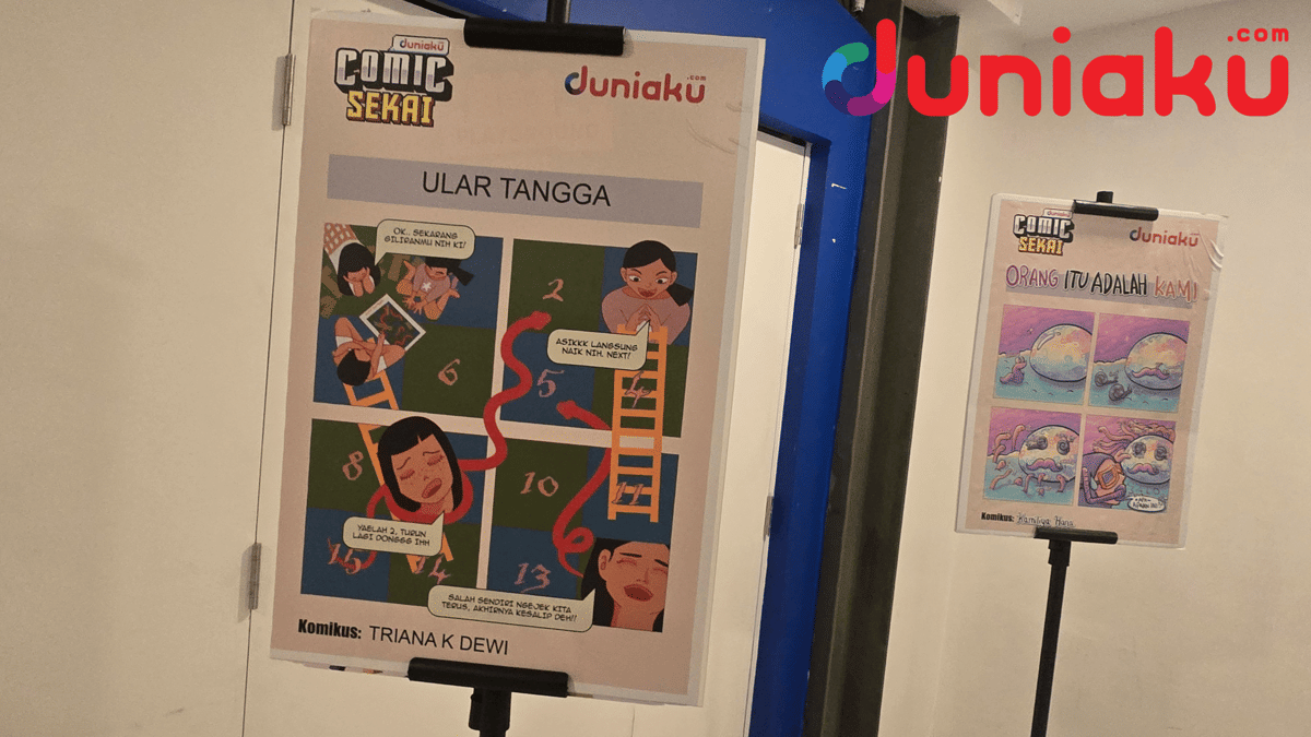 Ilustrasi permainan ular tangga dengan papan bernomor, tangga, dan ular berwarna-warni karya Triana K. Dewi.