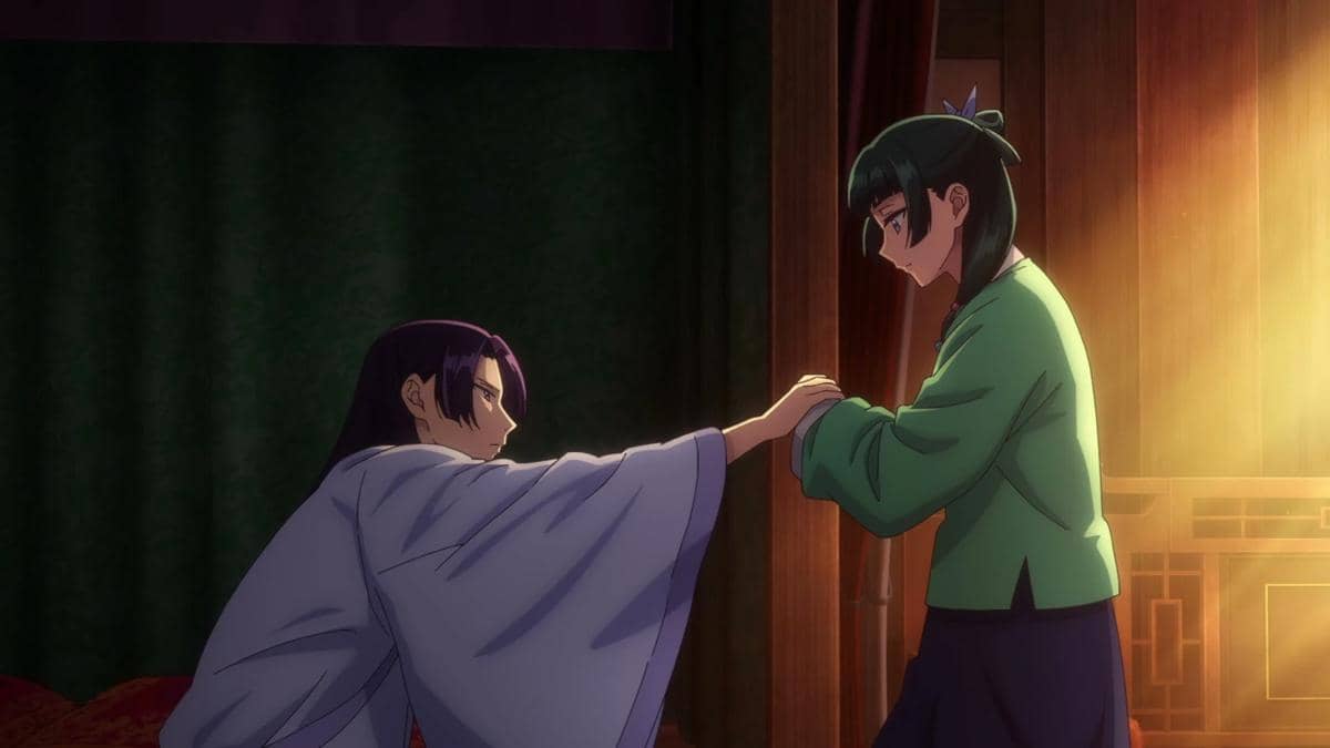 Cuplikan adegan dari anime The Apothecary Diaries produksi OLM, menampilkan karakter dalam salah satu momen serial.