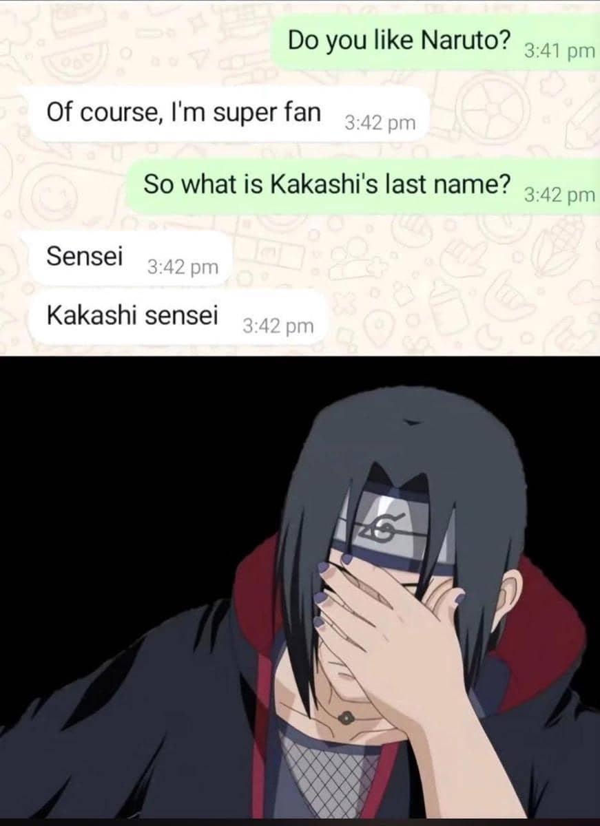 Meme bertema Naruto tentang nama, memadukan cuplikan karakter Naruto dengan teks humor berbahasa Indonesia.