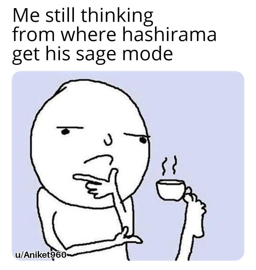 Meme Naruto bertema Sage Mode dengan cuplikan karakter dari serial Naruto dan teks humor tentang kemampuan tersebut.