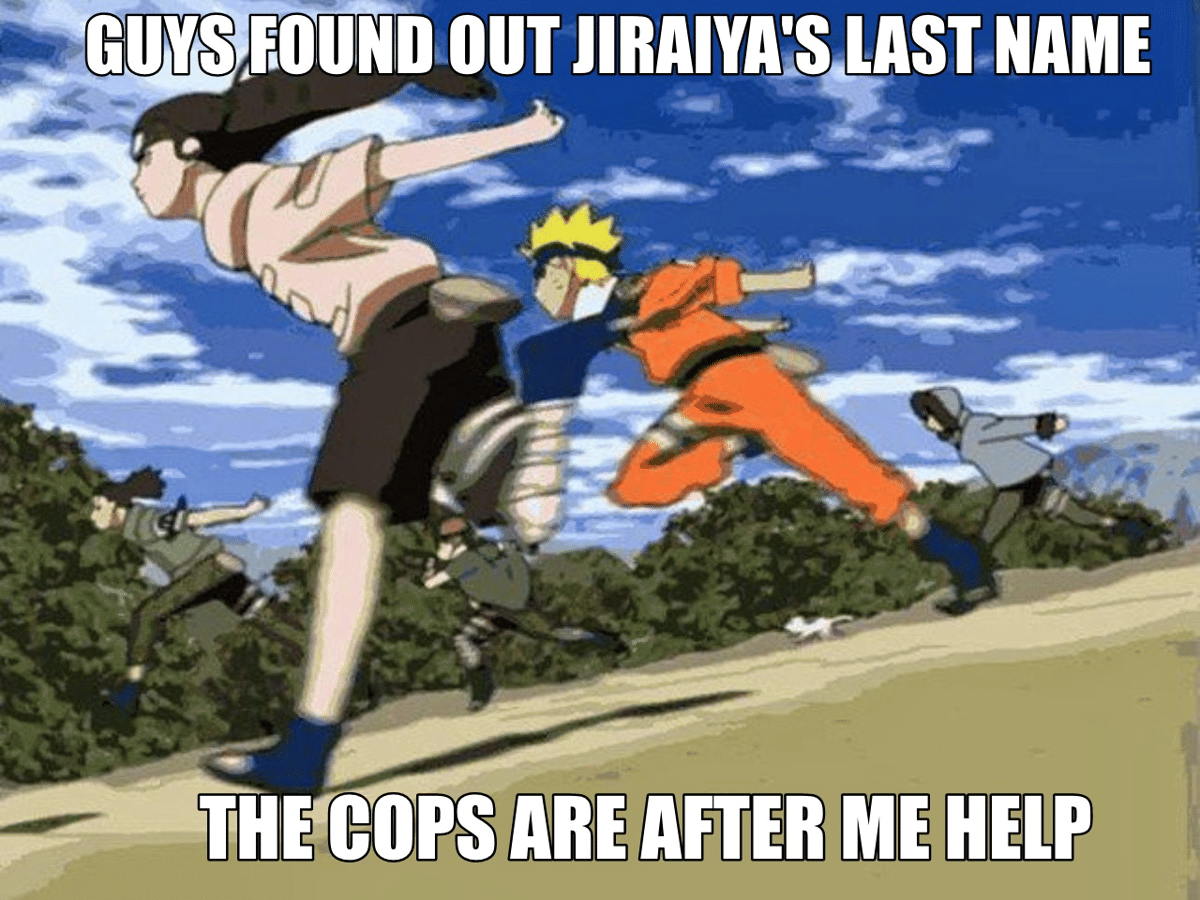 Meme Naruto bertema nama yang menampilkan tokoh-tokoh serial Naruto dalam format humor internet bernuansa ringan.