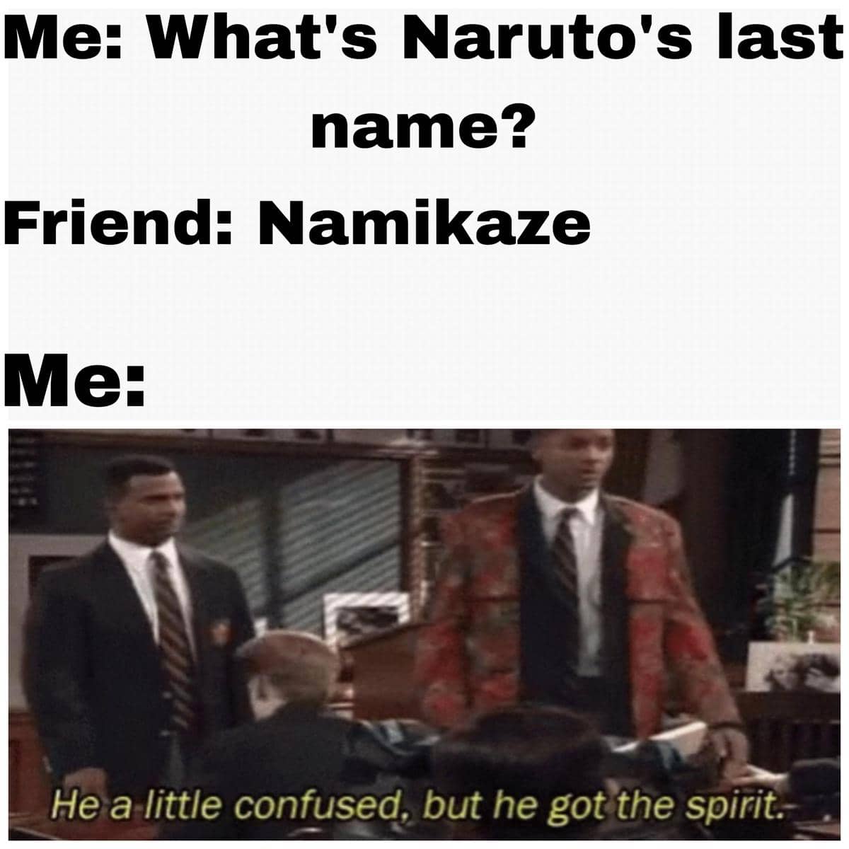 Meme Naruto tentang nama menampilkan karakter anime berambut pirang berekspresi serius disertai teks lelucon.