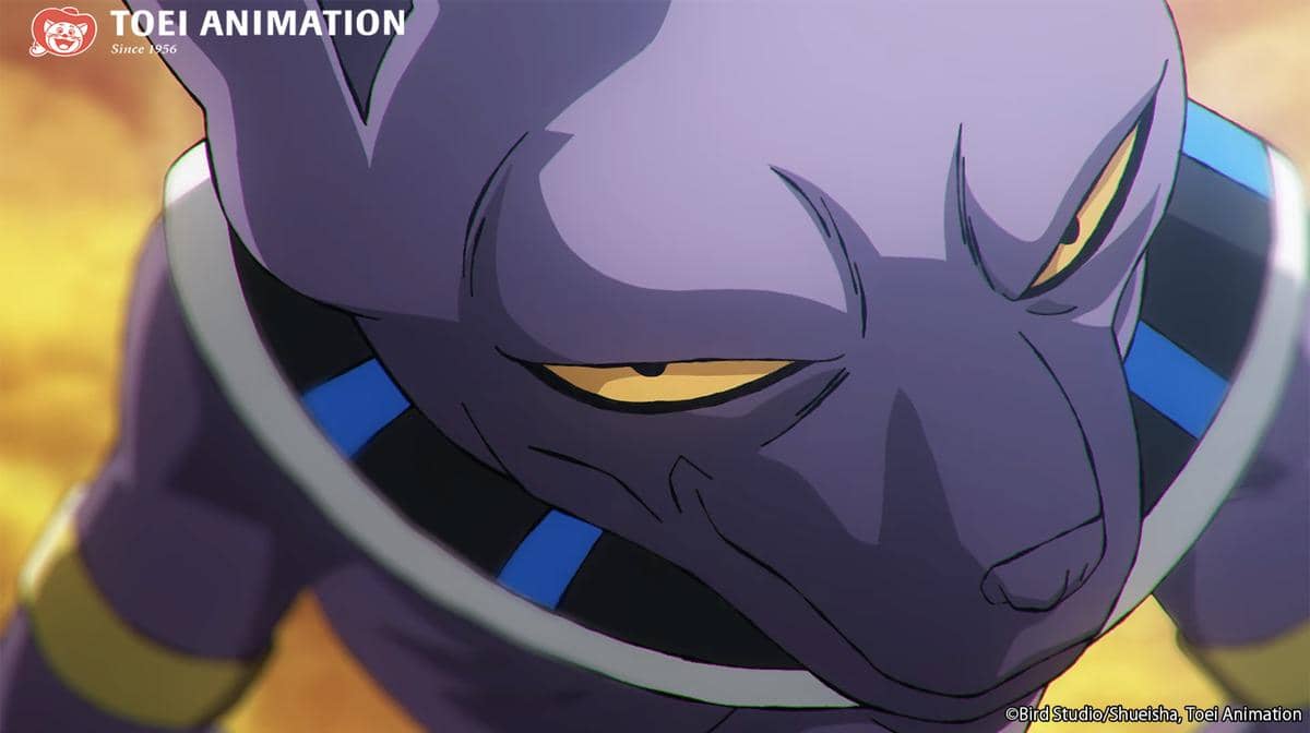Still cut resmi menampilkan Beerus, karakter dari serial anime Dragon Ball Super, dalam produksi Toei Animation.