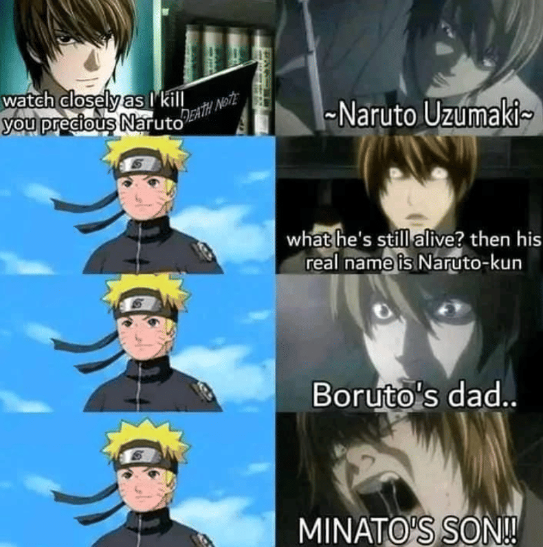 Meme bertema Naruto yang membahas nama, disertai dialog dan ekspresi karakter dari serial anime tersebut.