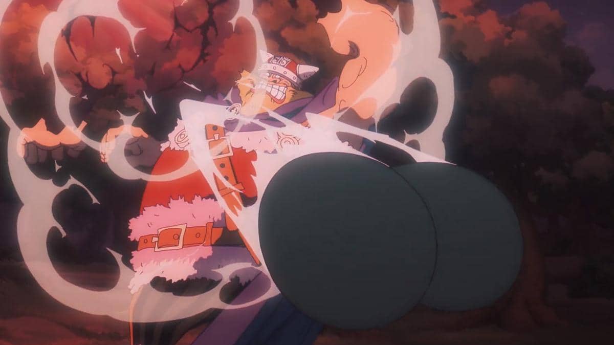 Brogy dari One Piece tampak tertembak oleh Imu dalam adegan anime produksi Toei Animation yang dramatis.