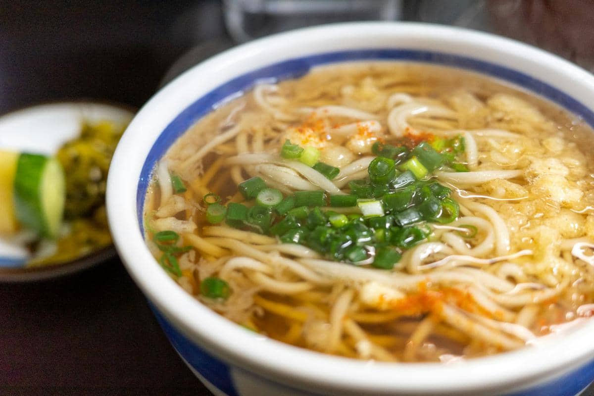Ilustrasi irikodashi udon, sajian mi udon khas Jepang dalam mangkuk berisi kuah dan pelengkap sederhana.