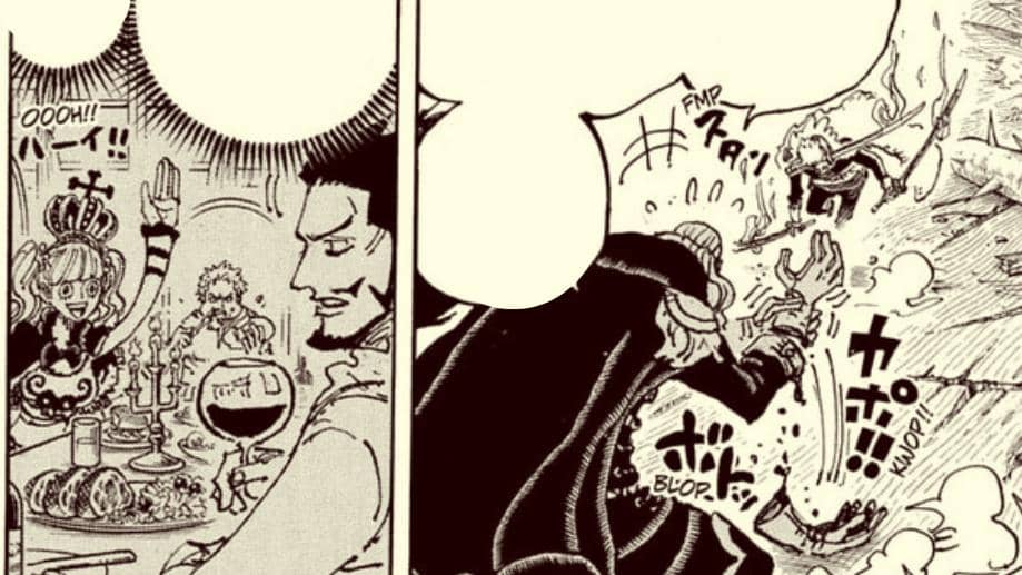 Roronoa Zoro bertarung melawan Shepherd Sommers sambil mengingat nasihat Dracule Mihawk dalam adegan One Piece.