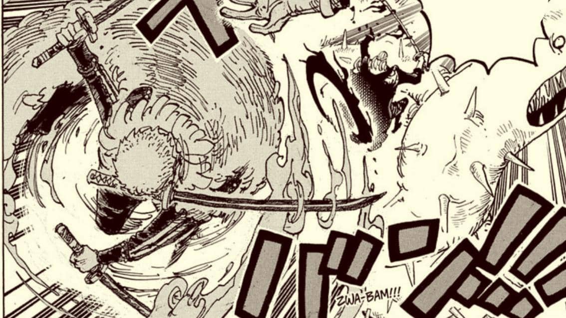 Roronoa Zoro mengayunkan pedang untuk menebas Shepherd Sommers dalam adegan manga One Piece yang intens.