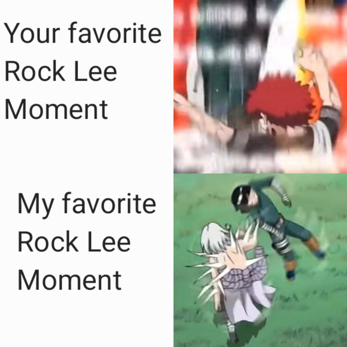 Meme Rock Lee dari Naruto dengan ekspresi mabuk dan pose bertarung, merujuk pada mode Drunken Fist.