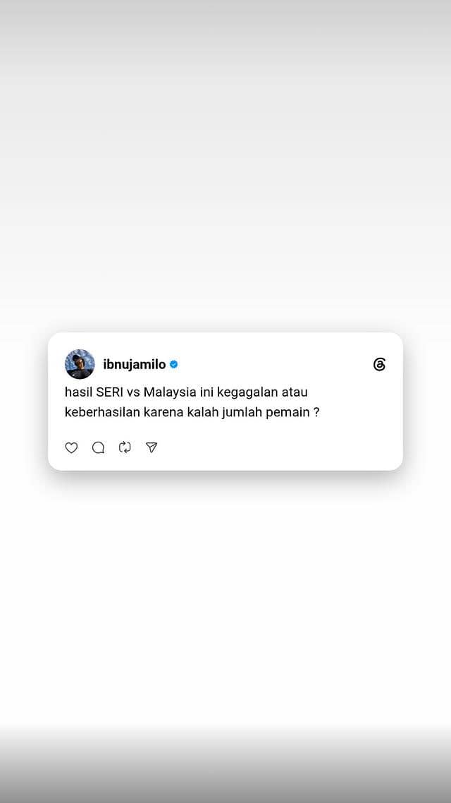 Aktor Ibnu Jamil mengungkapkan reaksi di Instagram setelah timnas gagal meraih kemenangan atas Malaysia.
