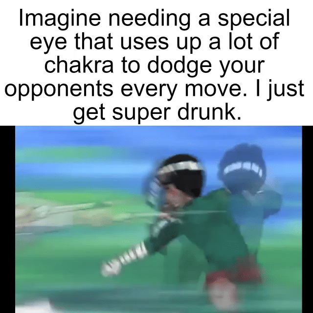 Rock Lee dari anime Naruto dengan ekspresi serius dalam meme yang merujuk pada mode mabuk saat bertarung.