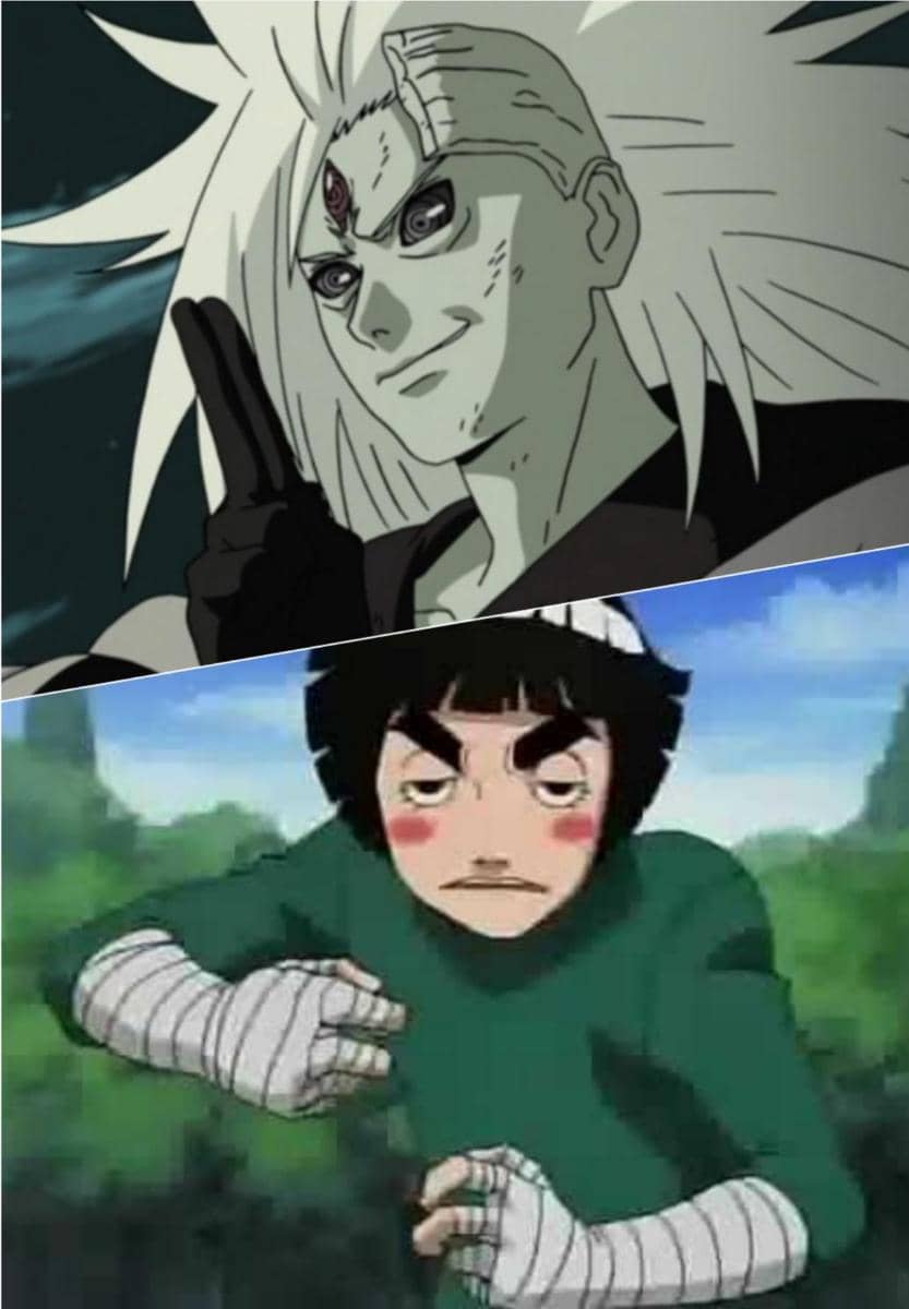 Meme Rock Lee dari Naruto dengan ekspresi mabuk, menampilkan perubahan sikap karakter dalam adegan anime.