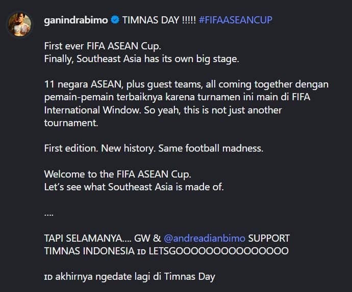Ganindra Bimo bereaksi atas kegagalan timnas Indonesia meraih kemenangan melawan Malaysia dalam unggahan Instagram.