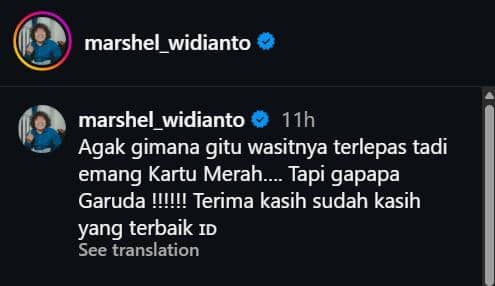 Marshel Widianto bereaksi di Instagram setelah Timnas Indonesia gagal meraih kemenangan melawan Malaysia.