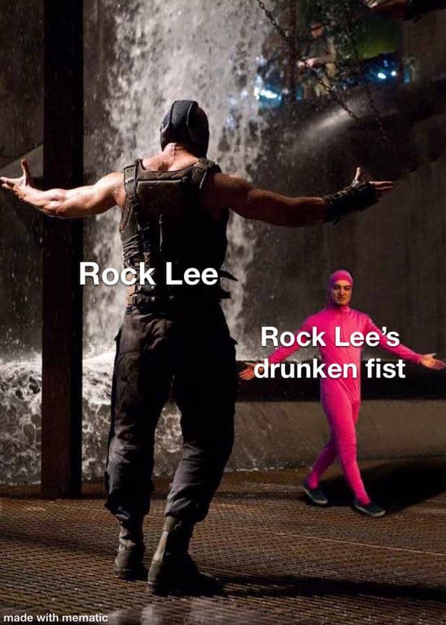 Meme karakter Rock Lee dari Naruto dalam mode mabuk dengan ekspresi dan gerakan bertarung yang lucu.