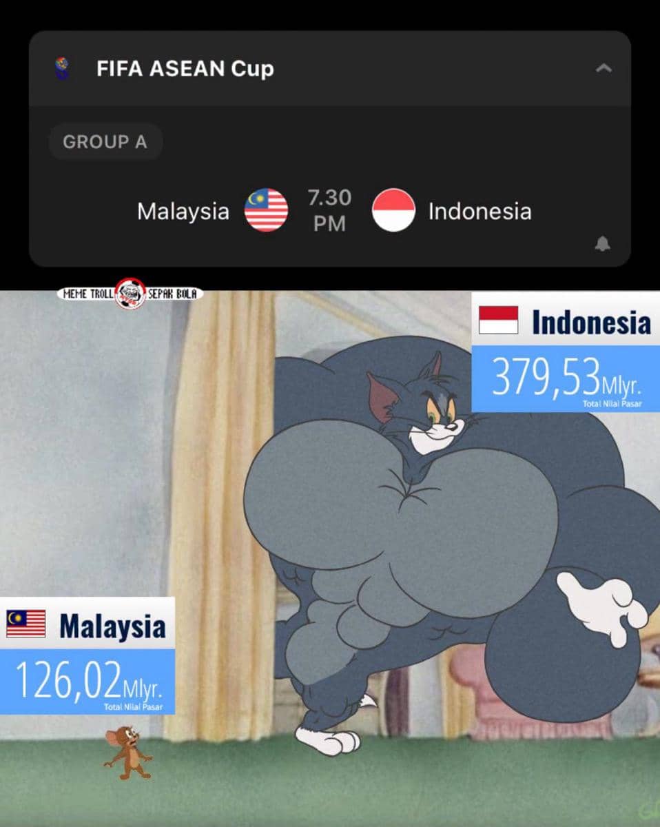 Meme tentang timnas Indonesia yang hanya bermain imbang melawan Malaysia, disertai teks humor bernada kekecewaan.
