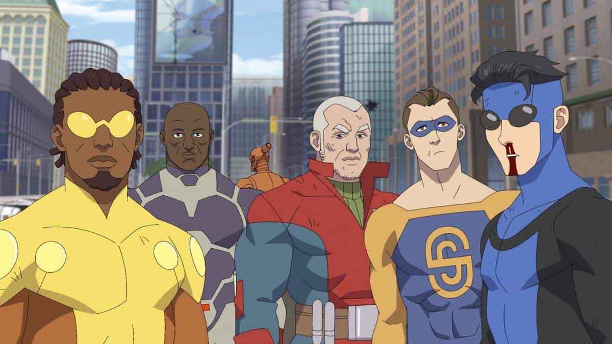 Cuplikan adegan serial animasi Invincible musim keempat dengan karakter dalam visual bergaya komik produksi Prime Video.