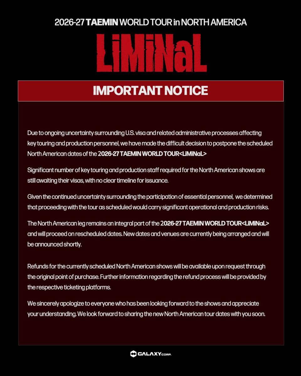 Poster pengumuman penundaan tur Amerika Utara Taemin dengan tulisan putih pada latar hitam dan detail jadwal.