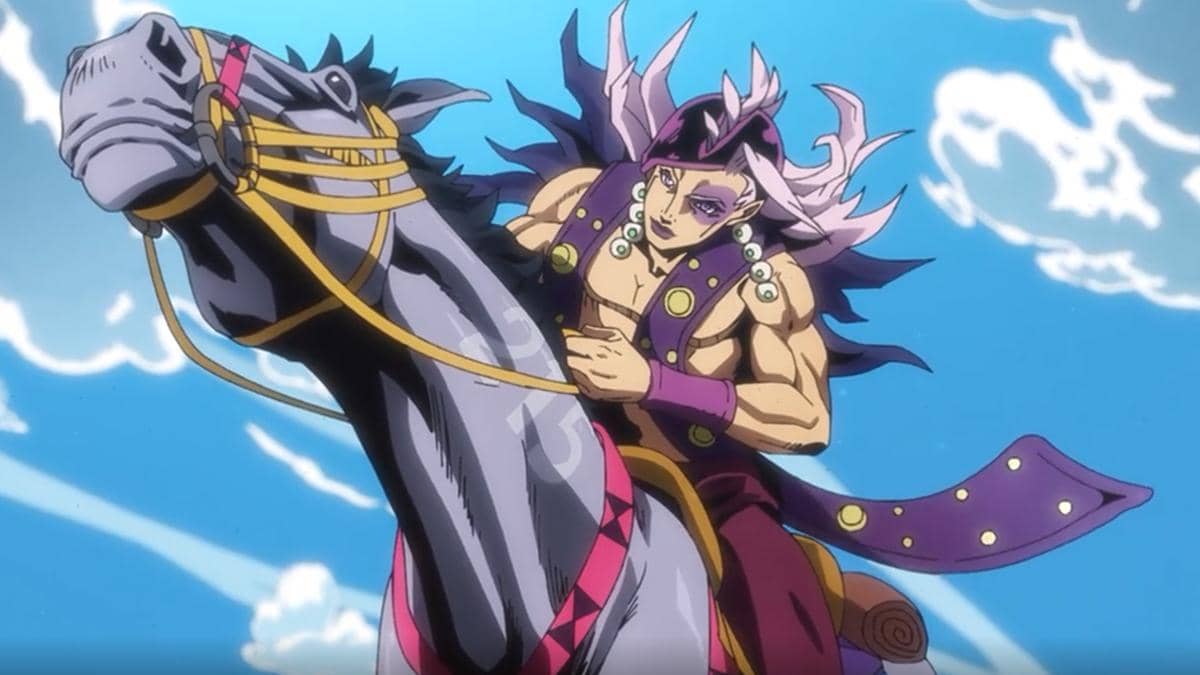 Robinson bersama kudanya dalam adegan Steel Ball Run produksi Netflix, berdasarkan materi promosi serial.