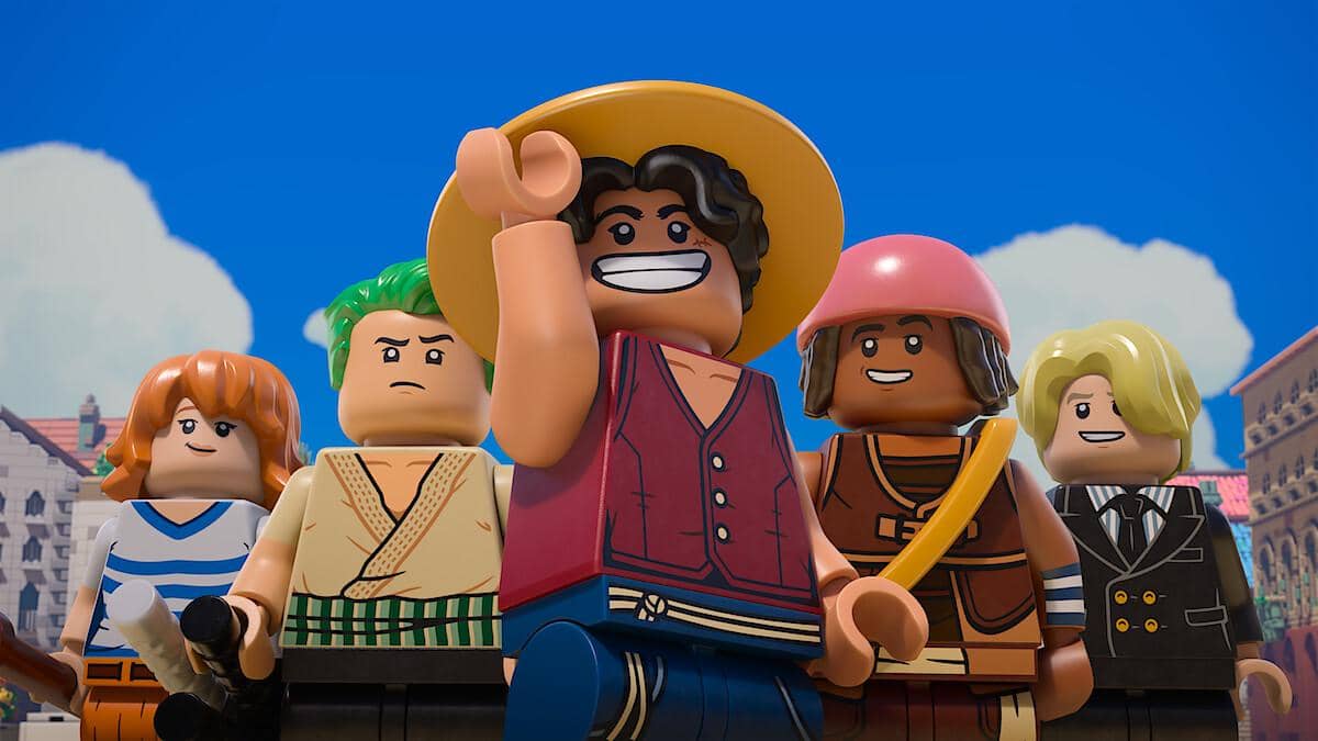 Karakter Bajak Laut Topi Jerami dalam animasi LEGO One Piece untuk materi promosi Netflix dan LEGO.