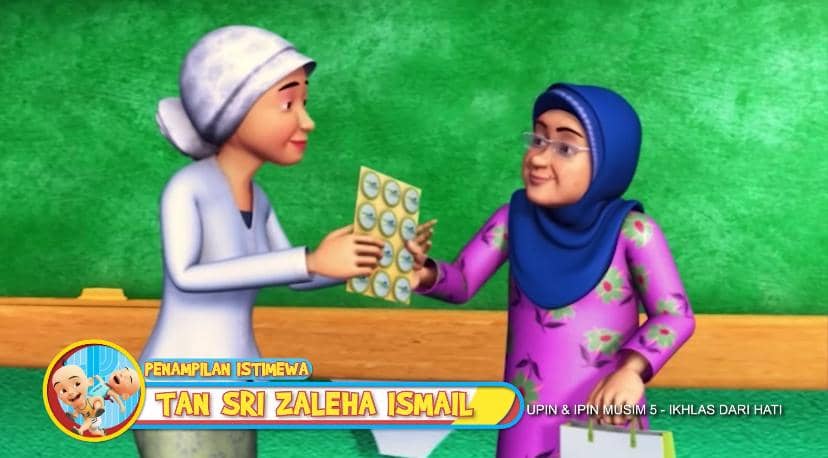 Karakter Tan Sri Zaleha Ismail tampil dalam animasi Upin & Ipin dari kanal YouTube Les' Copaque Production.