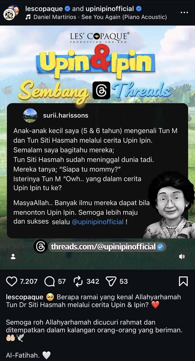 Unggahan Instagram Upin Ipin berisi ucapan belasungkawa atas meninggalnya Tun Siti Hasmah dengan latar bernuansa gelap.