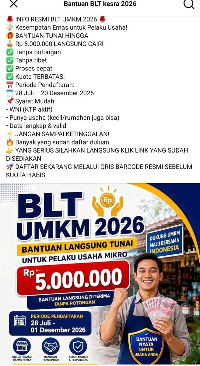 Hoaks Link Pendaftaran BLT UMKM Rp5 Juta di Facebook