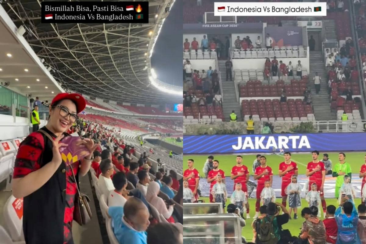 Fitri Carlina menyaksikan pertandingan tim Indonesia melawan Bangladesh pada ajang ASEAN Cup tahun 2026.