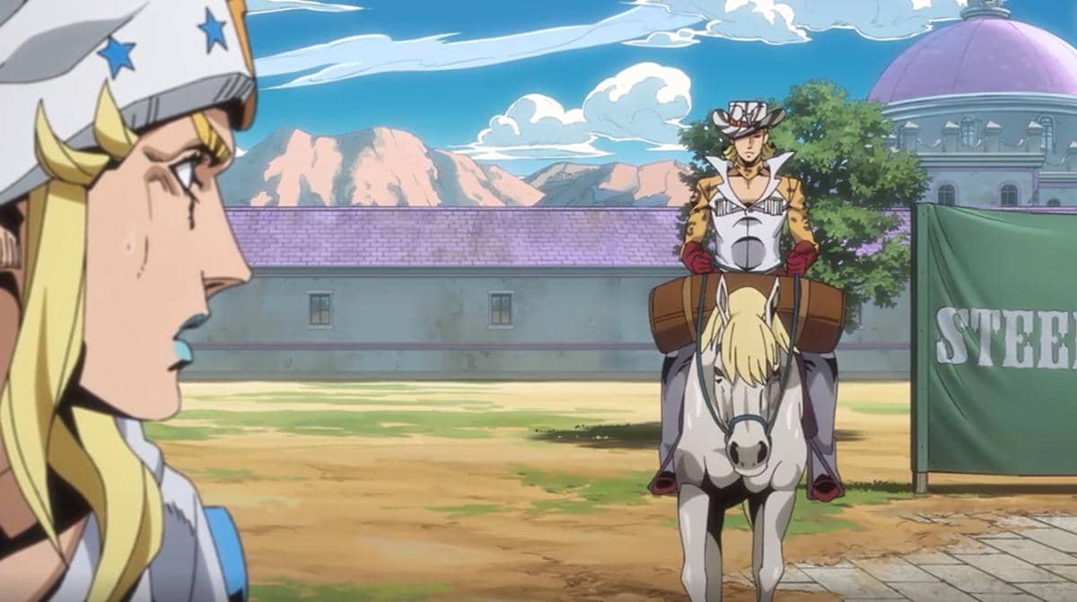 Mountain Tim melaju melewati Johnny dalam adegan balap Steel Ball Run produksi Netflix, dengan latar jalur terbuka.