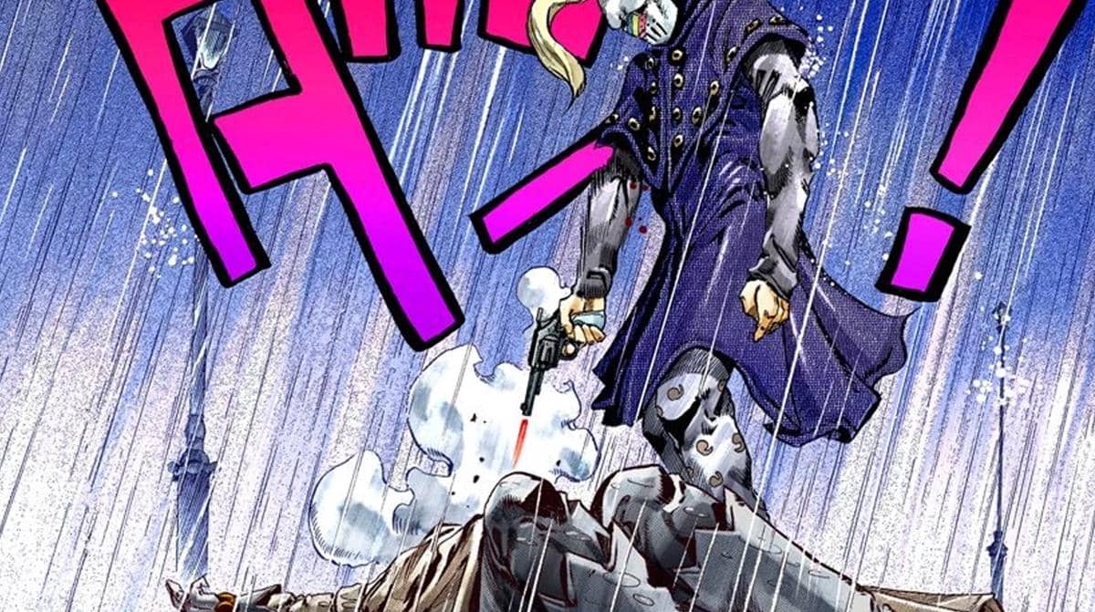 Blackmore menembak Mountain Tim hingga tewas dalam adegan manga Steel Ball Run terbitan Viz Media resmi.
