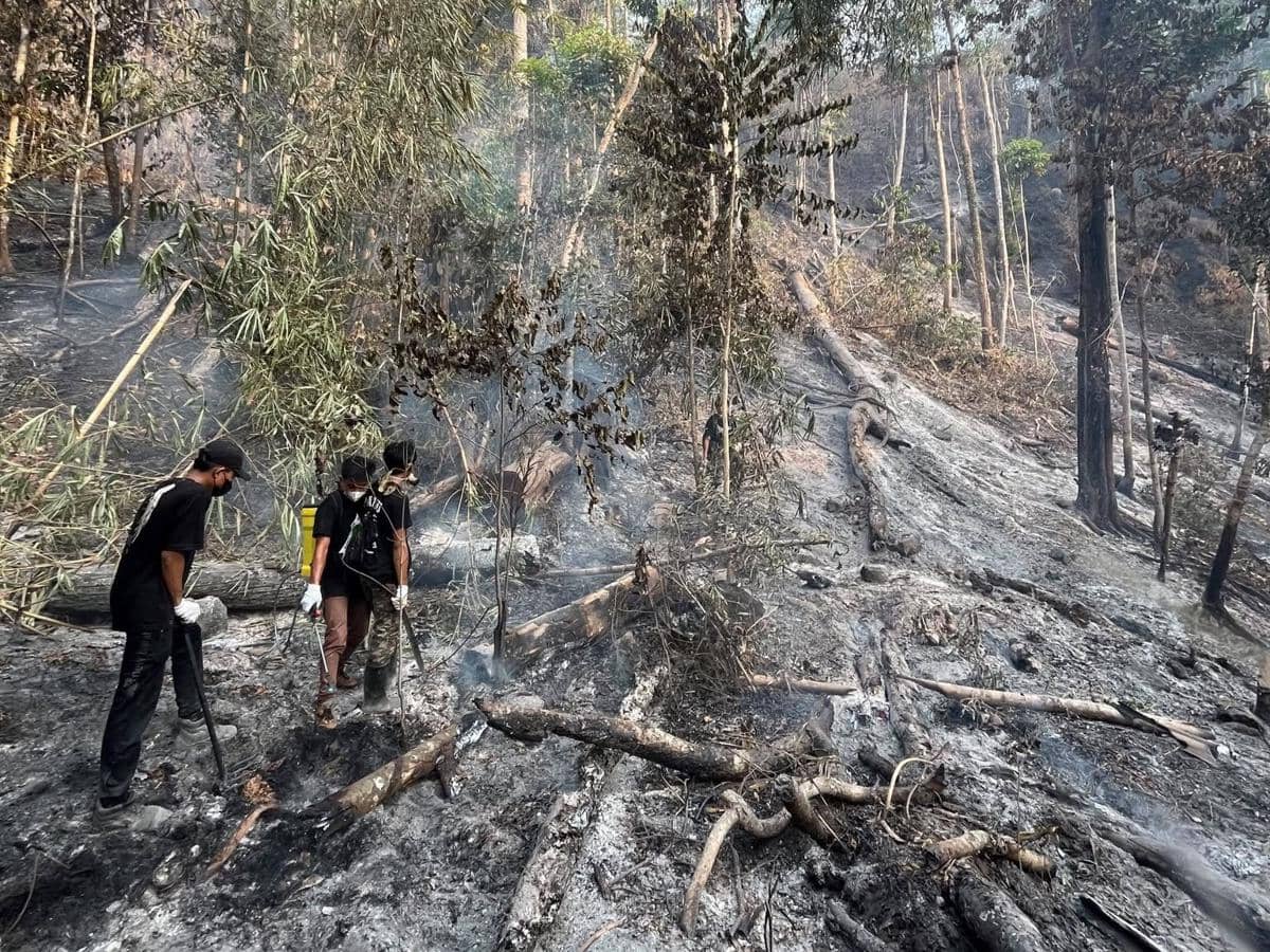 Kebakaran melanda kawasan kaki Gunung Klabat di Kabupaten Minahasa Utara, Sulawesi Utara, dengan api membakar vegetasi.