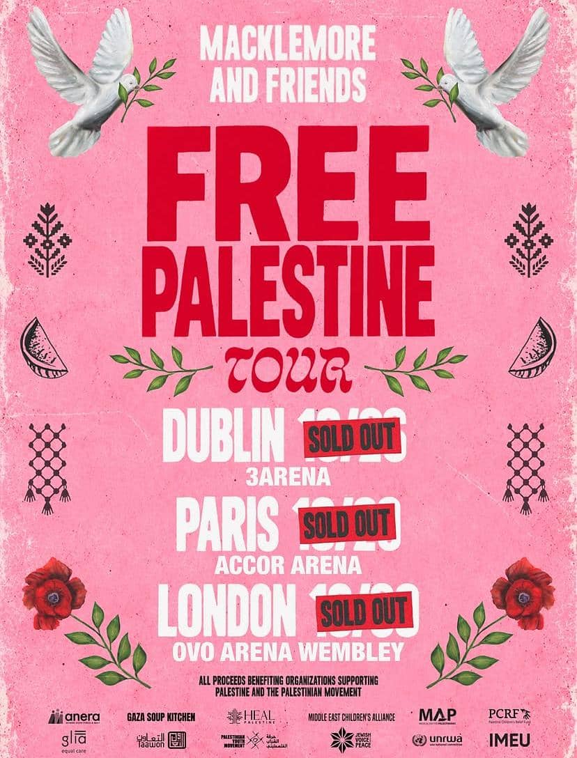 Materi promosi bertuliskan Free Palestine Tour milik Macklemore yang diunggah melalui akun Instagramnya.