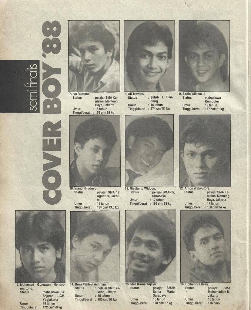 Para semifinalis Cover Boy 1988 berpose bersama dalam potret arsip yang diunggah akun Instagram Koleksi Goeni.