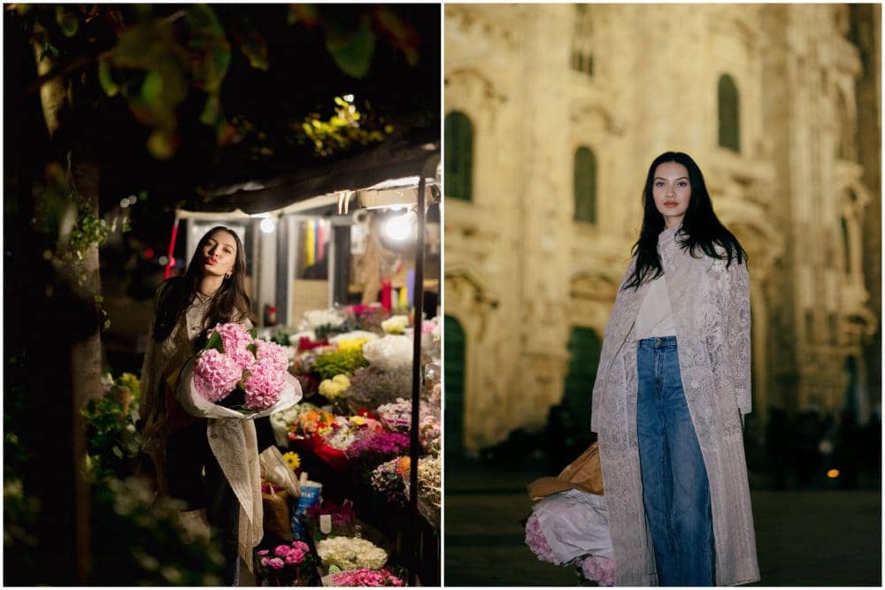 Raline Shah bawa Sebuket Bunga saat Jalan-jalan Malam di Milan