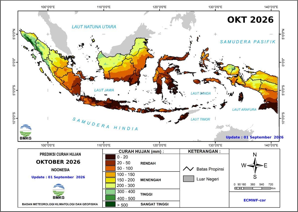 Prediksi Distribusi Curah Hujan Oktober 2026 di Indonesia