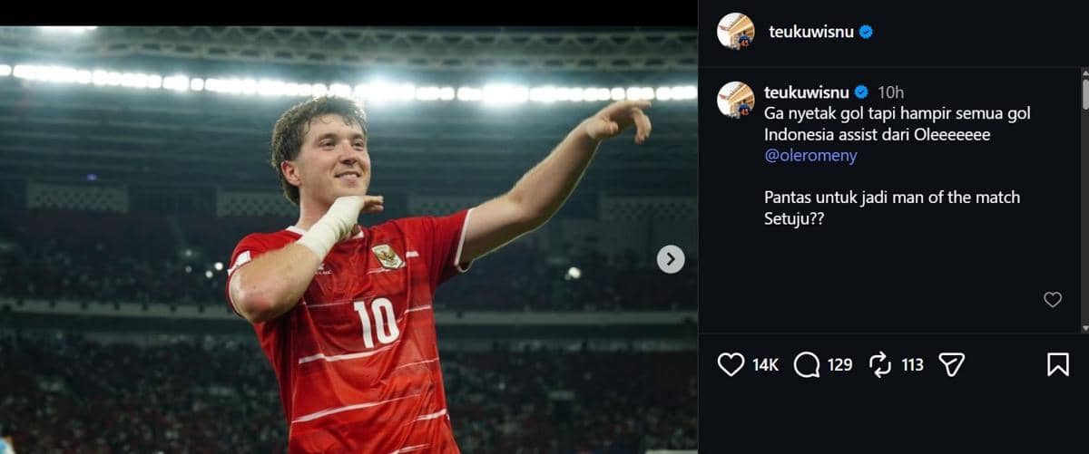 Potret Teuku Wisnu yang bereaksi atas kelolosan timnas Indonesia ke final FIFA ASEAN Cup 2026.