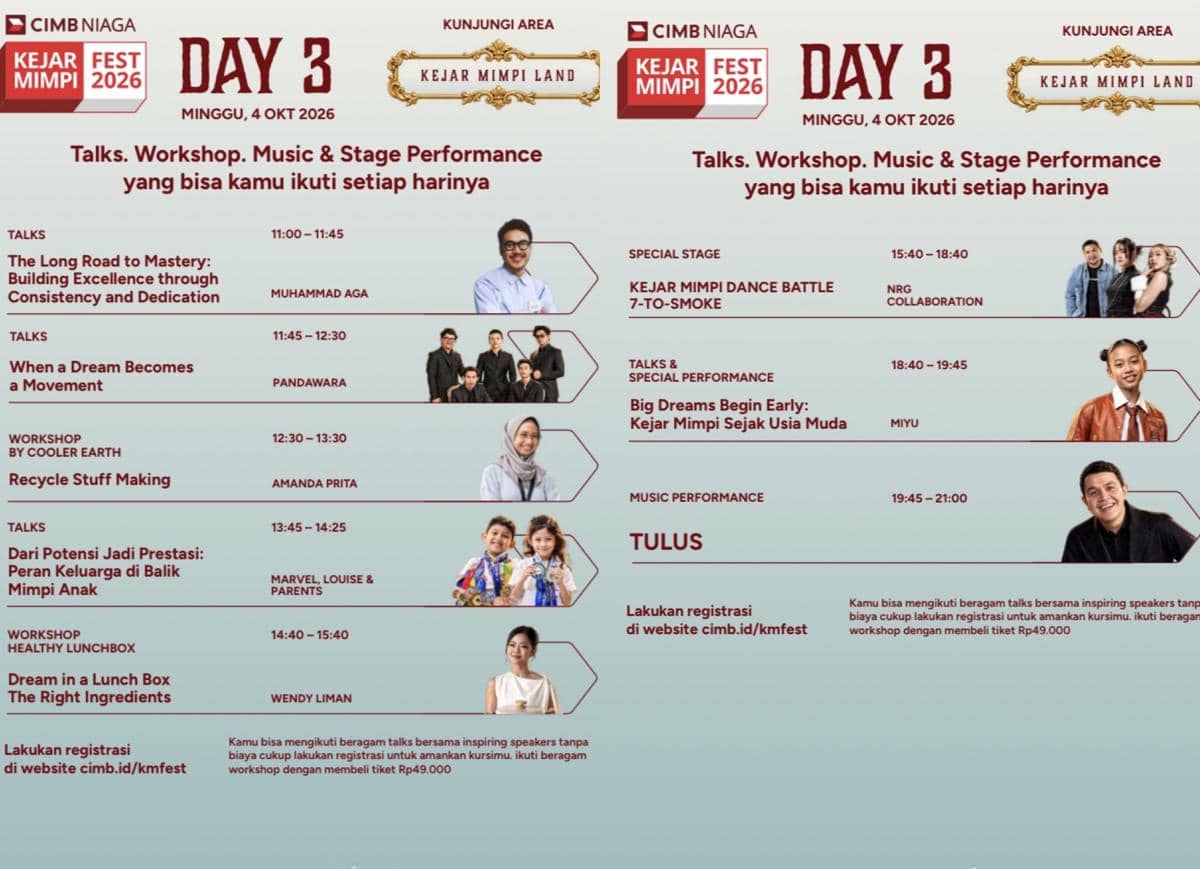 Rundown Kejar Mimpi Fest 2026, Ada Penampilan Gratis Tulus hingga Yura