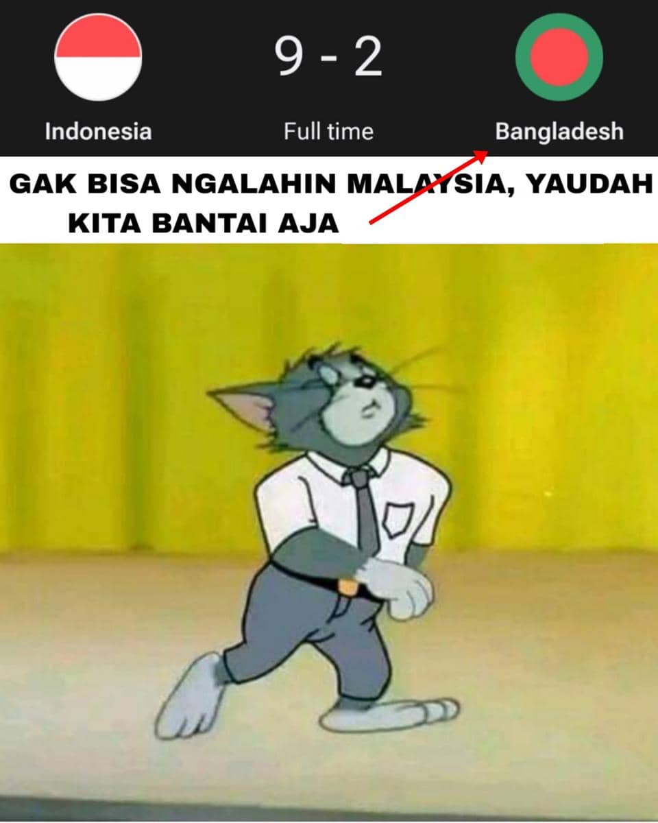 Meme bergaya unggahan media sosial tentang timnas Indonesia yang lolos ke final FIFA ASEAN Cup 2026 dari akun @lagilagifelix.