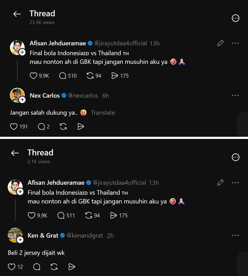 Jirayut mengunggah cerita di Threads tentang keinginannya menonton laga Indonesia melawan Thailand di GBK.