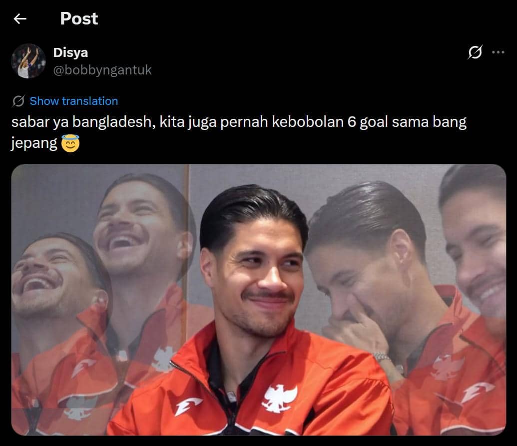Meme tentang Timnas Indonesia yang digambarkan lolos ke final FIFA ASEAN Cup 2026 dari akun X bobbyngantuk.
