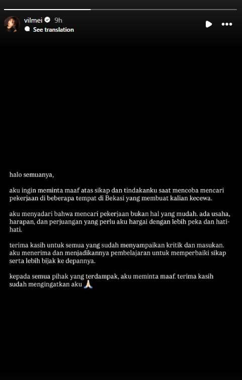 Tangkapan layar unggahan permintaan maaf Vilmei di akun Instagram pribadinya, dengan pesan yang ditujukan kepada publik.