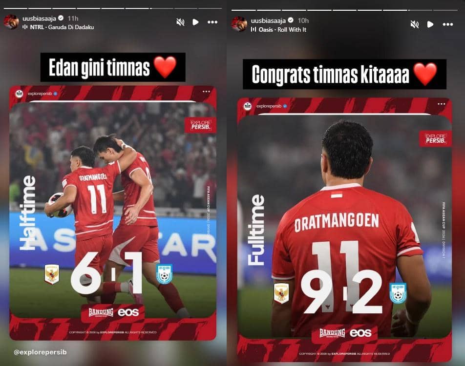 Unggahan Instagram artis Uus berisi reaksi atas kelolosan timnas Indonesia ke final FIFA ASEAN Cup 2026.