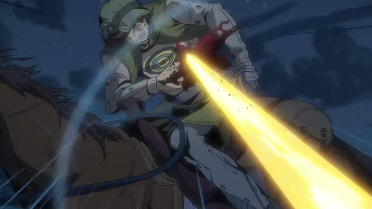 Andrew terluka setelah terkena batu yang terhempas akibat bola besi Gyro dalam adegan Steel Ball Run.